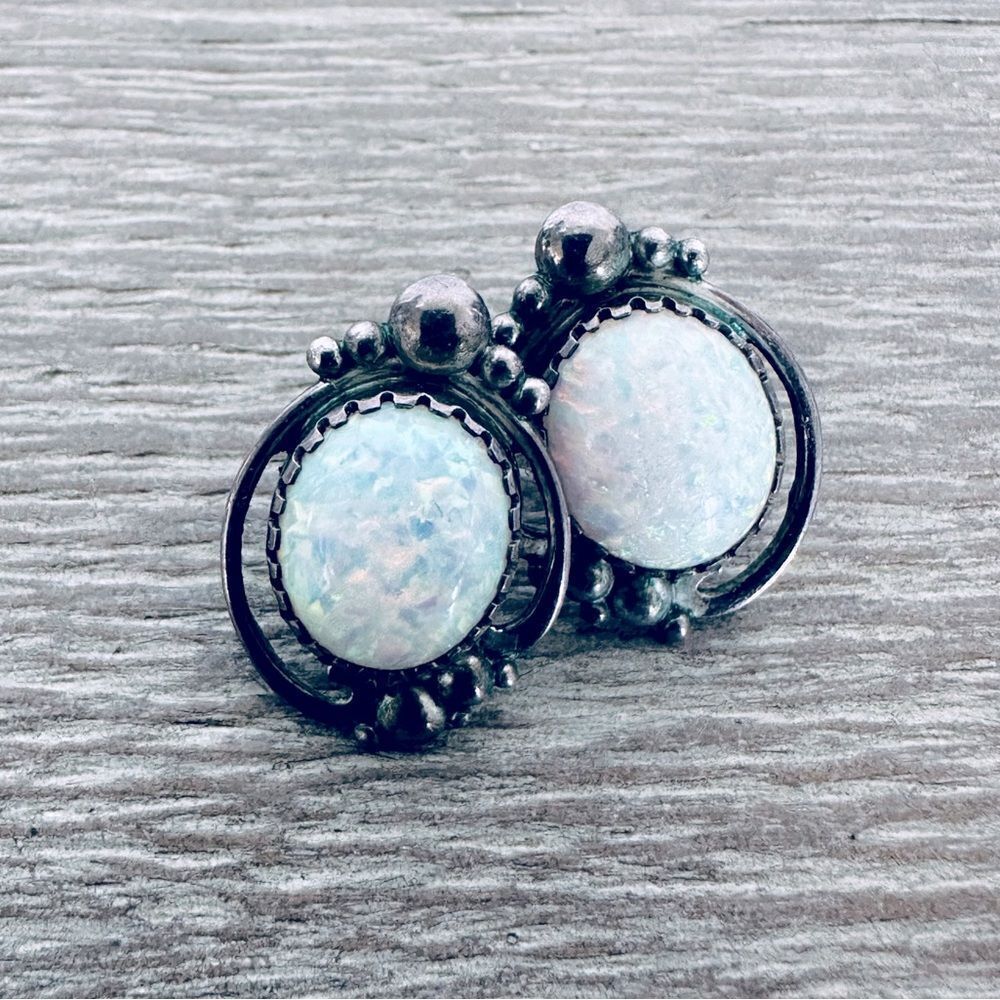 Vintage Sterling Silver White Opal Gemstone Earrings